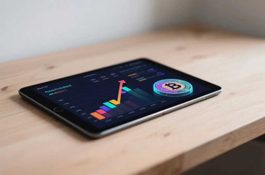 A sleek tablet showing colorful financial growth charts and a digital coin graphic