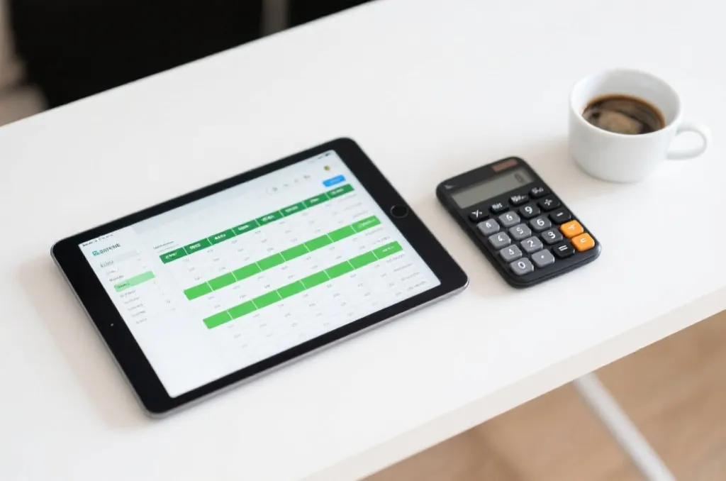 A modern calculator and a tablet displaying a clean spreadsheet on a bright minimalist desk, representing bankroll management